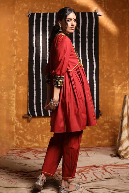 Buy_Shivani Bhargava_Maroon Cotton Embroidery Split V-neck Tribal Cape Anarkali With Salwar _Online_at_Aza_Fashions