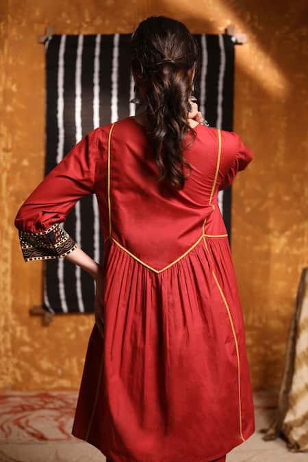 Shop Shivani Bhargava Maroon Cotton Embroidered Tribal Notched Cape Anarkali at Aza Fashions Shop_Shivani Bhargava_Maroon Cotton Embroidered Tribal Notched Cape Anarkali _at_Aza_Fashions