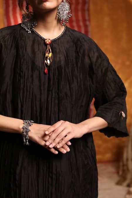 Shivani Bhargava_Black Handloom Cotton, Linen, Chanderi Crinkled Kimono Kurta With Pant _Online_at_Aza_Fashions
