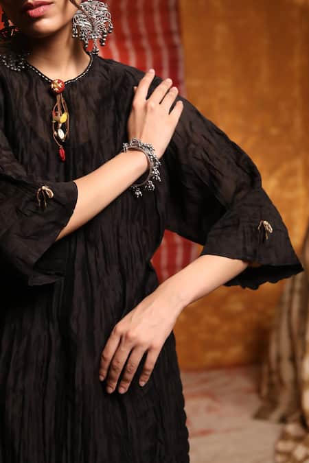 Buy_Shivani Bhargava_Black Handloom Cotton, Linen, Chanderi Crinkled Kimono Kurta With Pant _Online_at_Aza_Fashions