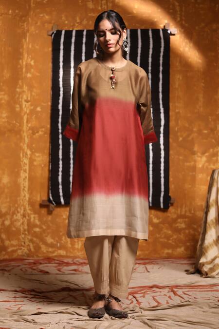Shivani Bhargava_Brown Handloom , Round Neck Tri Color Ombre Kimono Kurta With Pant _Online_at_Aza_Fashions