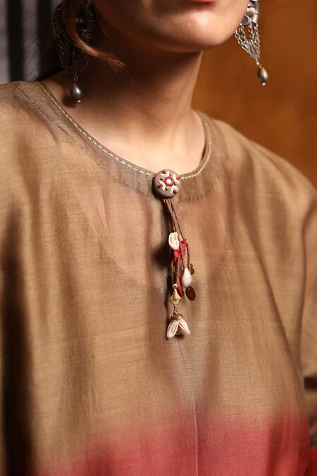 Buy_Shivani Bhargava_Brown Handloom , Round Neck Tri Color Ombre Kimono Kurta With Pant _Online_at_Aza_Fashions