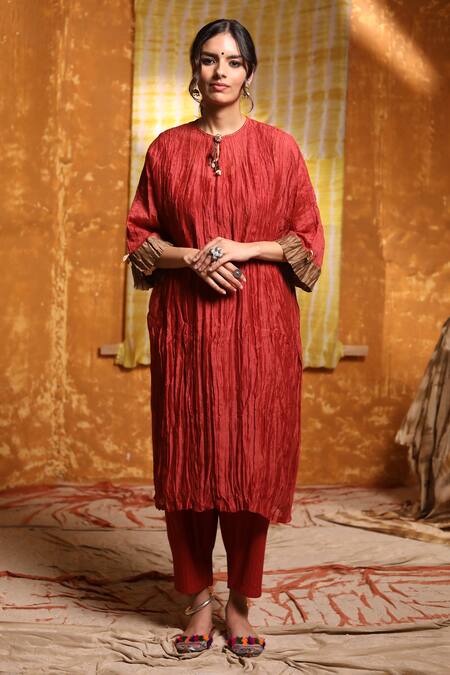 Buy_Shivani Bhargava_Maroon Handloom , Chanderi, Tassels, Kimono Kurta And Pant Set _Online_at_Aza_Fashions