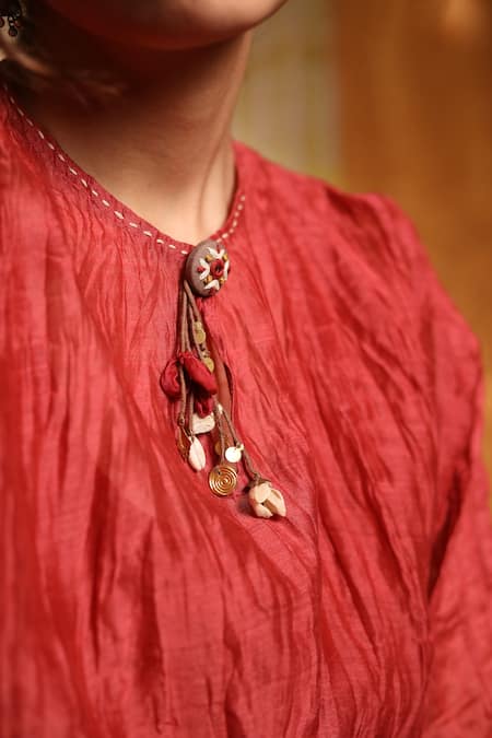 Shivani Bhargava_Maroon Handloom , Chanderi, Tassels, Kimono Kurta And Pant Set _at_Aza_Fashions