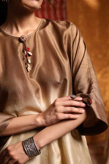 Shivani Bhargava_Brown Handloom Cotton Tassels, Embroidery Round Neck Silk Ombre Kimono Kurta _Online_at_Aza_Fashions