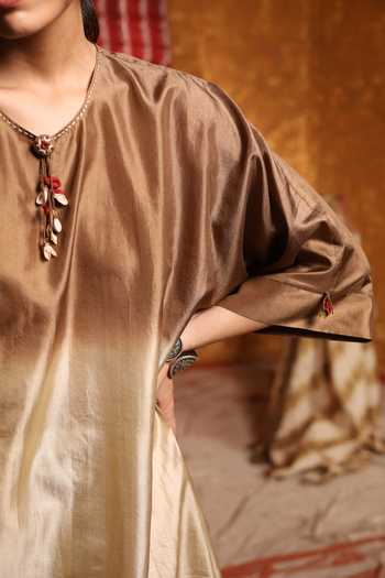 Shop_Shivani Bhargava_Brown Handloom Cotton Tassels, Embroidery Round Neck Silk Ombre Kimono Kurta _Online_at_Aza_Fashions