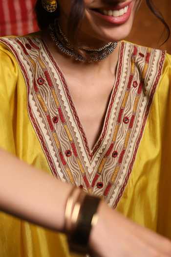 Shivani Bhargava Yellow Handloom Cotton Mirrors, Embroidery V-neck Thread Yoke Kaftan And Pant Set Online at Aza Fashions Shivani Bhargava_Yellow Handloom Cotton Mirrors, Embroidery V-neck Thread Yoke Kaftan And Pant Set _Online_at_Aza_Fashions