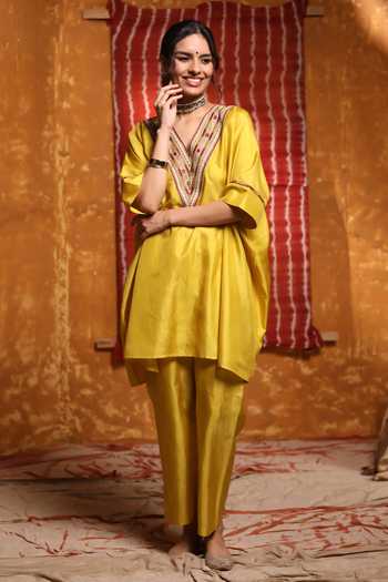 Buy Shivani Bhargava Yellow Handloom Cotton Mirrors, Embroidery V-neck Thread Yoke Kaftan And Pant Set Online at Aza Fashions Buy_Shivani Bhargava_Yellow Handloom Cotton Mirrors, Embroidery V-neck Thread Yoke Kaftan And Pant Set _Online_at_Aza_Fashions
