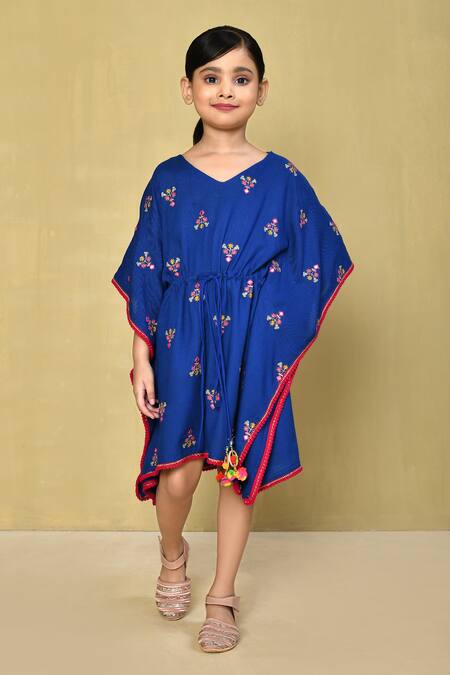 Buy_Samyukta Singhania_Blue Rayon Tassels Floral Thread Embroidered Kaftan Dress_Online_at_Aza_Fashions