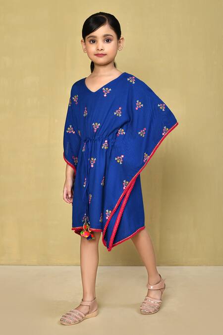 Shop_Samyukta Singhania_Blue Rayon Tassels Floral Thread Embroidered Kaftan Dress_Online_at_Aza_Fashions