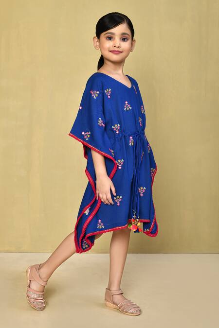 Samyukta Singhania_Blue Rayon Tassels Floral Thread Embroidered Kaftan Dress_at_Aza_Fashions