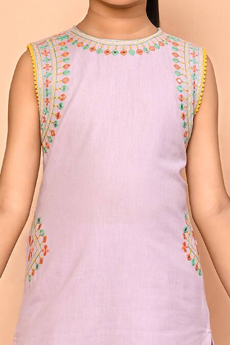 Petite Pomme_Purple Cotton Embroidery, Mirrors Kurta And Palazzo Set_Online_at_Aza_Fashions