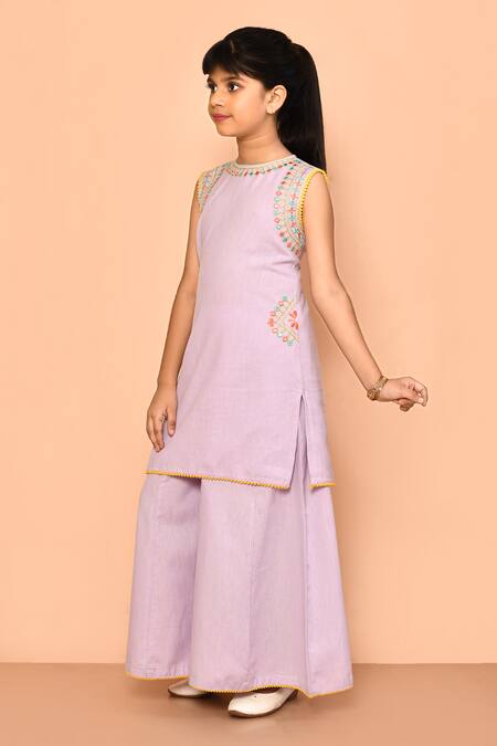 Buy_Petite Pomme_Purple Cotton Embroidery, Mirrors Kurta And Palazzo Set_Online_at_Aza_Fashions