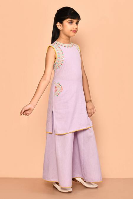 Shop_Petite Pomme_Purple Cotton Embroidery, Mirrors Kurta And Palazzo Set_Online_at_Aza_Fashions