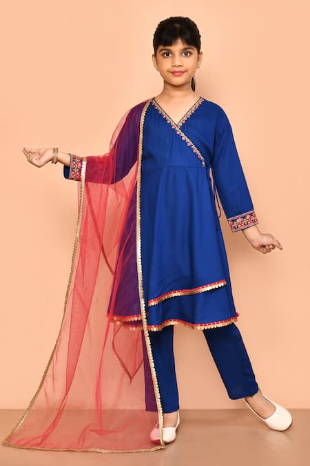 Petite Pomme Blue Rayon, Polyester Embroidery, Gota Patti, Lace Placement Angarkha Set 