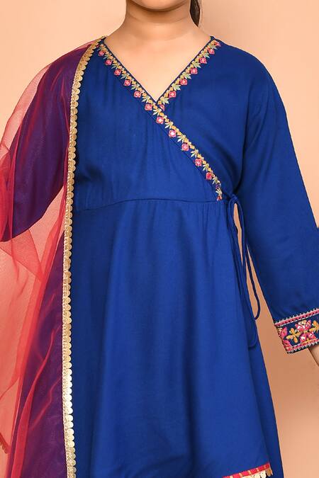 Petite Pomme_Blue Rayon, Polyester Embroidery, Gota Patti, Lace Placement Angarkha Set _Online_at_Aza_Fashions