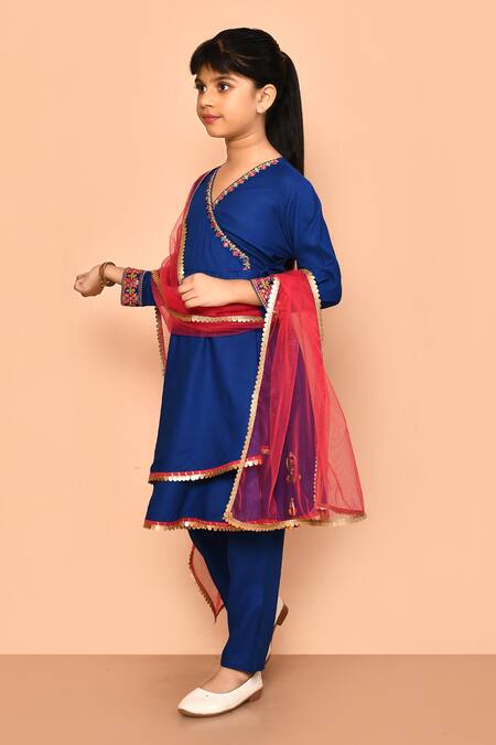 Buy_Petite Pomme_Blue Rayon, Polyester Embroidery, Gota Patti, Lace Placement Angarkha Set _Online_at_Aza_Fashions