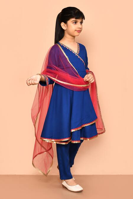 Shop_Petite Pomme_Blue Rayon, Polyester Embroidery, Gota Patti, Lace Placement Angarkha Set _Online_at_Aza_Fashions