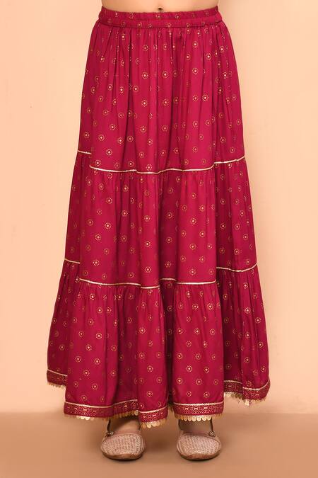 Petite Pomme_Pink Rayon, Polyester Tassels, Sequins Printed Top Tiered Skirt Set_Online_at_Aza_Fashions
