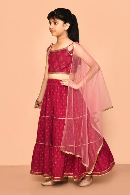 Shop_Petite Pomme_Pink Rayon, Polyester Tassels, Sequins Printed Top Tiered Skirt Set_Online_at_Aza_Fashions