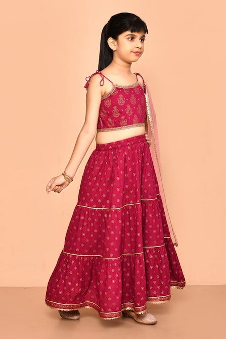 Petite Pomme_Pink Rayon, Polyester Tassels, Sequins Printed Top Tiered Skirt Set_at_Aza_Fashions