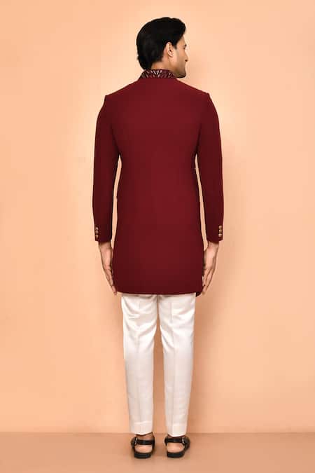 Shop Arihant Rai Sinha Maroon Crepe, Silk Cut Work, Embroidery Cutdana Sherwani Set at Aza Fashions Shop_Arihant Rai Sinha_Maroon Crepe, Silk Cut Work, Embroidery Cutdana Sherwani Set _at_Aza_Fashions