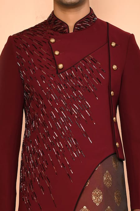 Buy Arihant Rai Sinha Maroon Crepe, Silk Cut Work, Embroidery Cutdana Sherwani Set Online at Aza Fashions Buy_Arihant Rai Sinha_Maroon Crepe, Silk Cut Work, Embroidery Cutdana Sherwani Set _Online_at_Aza_Fashions