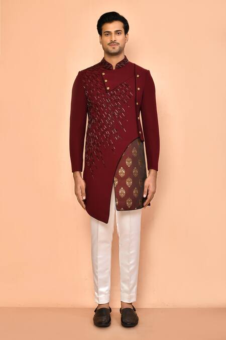Shop Arihant Rai Sinha Maroon Crepe, Silk Cut Work, Embroidery Cutdana Sherwani Set Online at Aza Fashions Shop_Arihant Rai Sinha_Maroon Crepe, Silk Cut Work, Embroidery Cutdana Sherwani Set _Online_at_Aza_Fashions