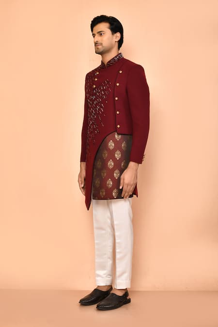 Arihant Rai Sinha Maroon Crepe, Silk Cut Work, Embroidery Cutdana Sherwani Set at Aza Fashions Arihant Rai Sinha_Maroon Crepe, Silk Cut Work, Embroidery Cutdana Sherwani Set _at_Aza_Fashions