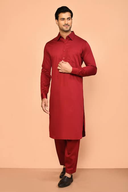 Aryavir Malhotra Maroon Cotton Plain Pathani Kurta Set 