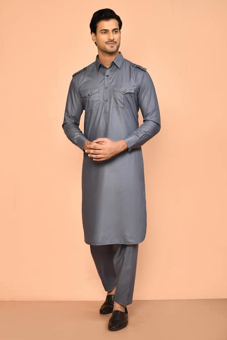 Buy Grey Cotton Plain Pathani Kurta Set For Men by Aryavir