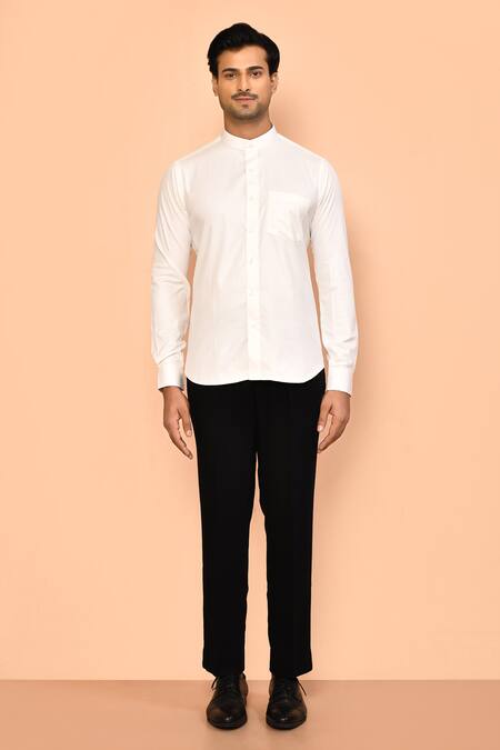 Buy_Aryavir Malhotra_White Cotton Mandarin Collar Shirt _Online_at_Aza_Fashions
