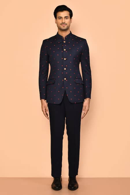 Buy_Nayantara Couture_Blue Terrycloth, Rayon Embroidery Polka Bandhgala Pant Set _Online_at_Aza_Fashions