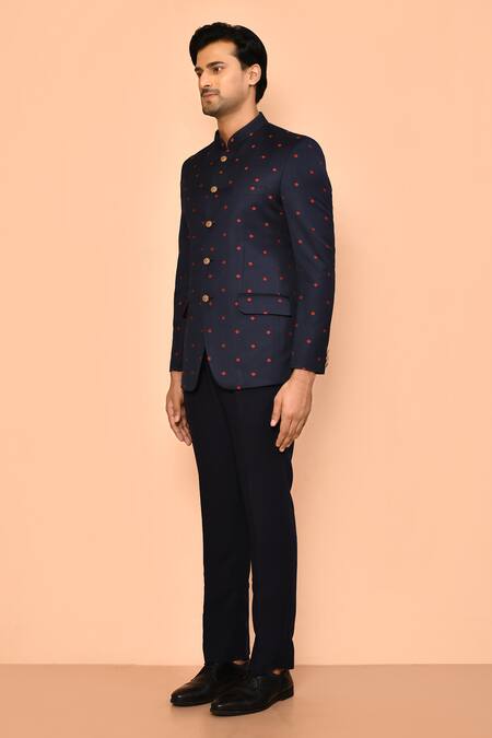 Nayantara Couture_Blue Terrycloth, Rayon Embroidery Polka Bandhgala Pant Set _at_Aza_Fashions