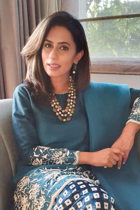 Buy_Rekha Agra_Blue Organza, Satin, Crinkled Cotton Round Silk Embroidered Kurta Set _Online_at_Aza_Fashions