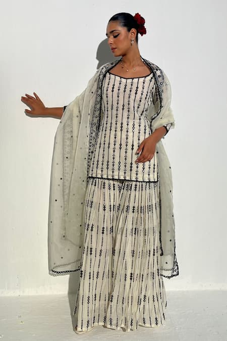 PREEVIN Stripe Embroidered Kurta Sharara Set 