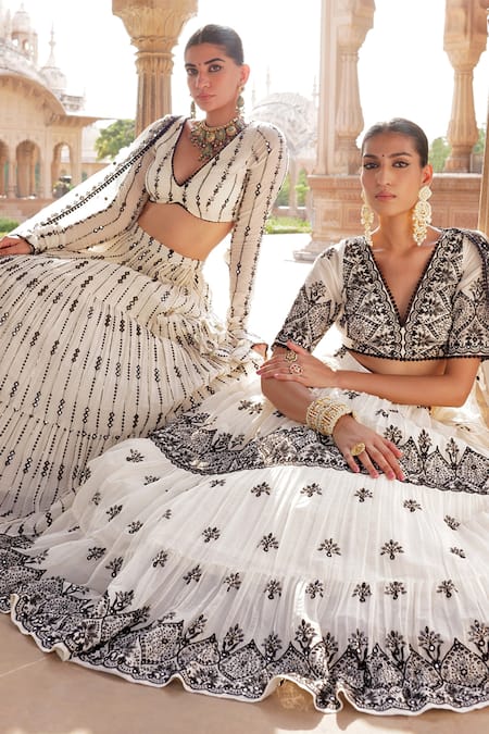 Preevin_White Cotton, Net, Tulle Mirrors, Embroidery V-neck Thread Stripe Lehenga Set _Online_at_Aza_Fashions