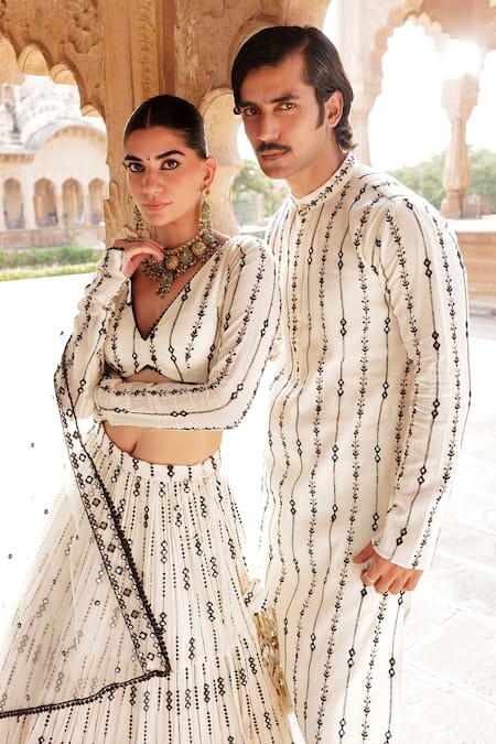 Buy_Preevin_White Cotton, Net, Tulle Mirrors, Embroidery V-neck Thread Stripe Lehenga Set _Online_at_Aza_Fashions