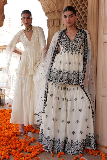 PREEVIN White Peplum Kurta And Sharara Cotton Mulmul Embroidered Floral Set 