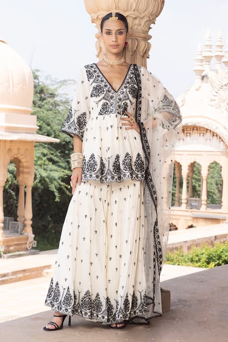 PREEVIN Floral Mirrorwork Embellished Peplum Kurta Sharara Set 