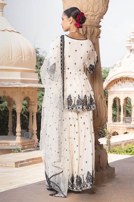 Preevin Floral Mirrorwork Embellished Peplum Kurta Sharara Set 