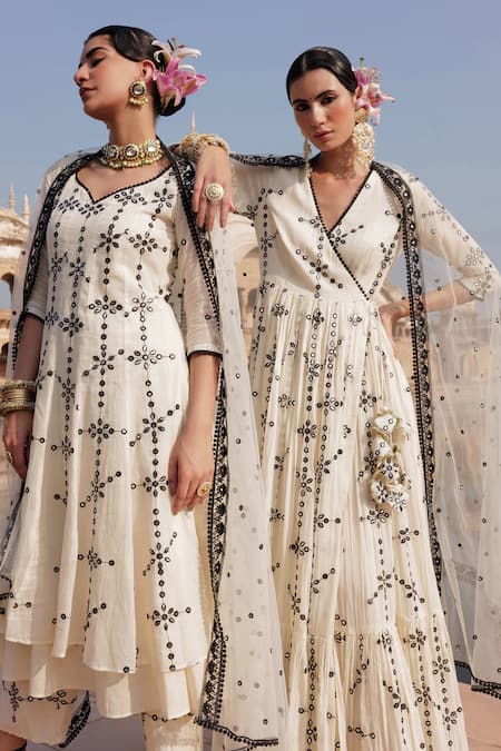 Preevin Mirror Embellished Tiered Anarkali Pant Set 