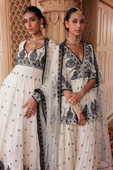 Shop_Preevin_White Cotton, Net, Tulle Mirrors, Embroidery V-neck Floral Anarkali Pant Set _Online_at_Aza_Fashions