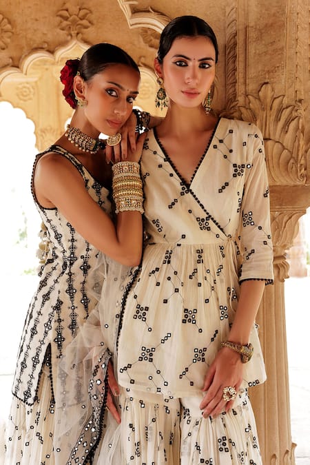 Buy Preevin White Cotton, Net, Tulle Mirrors, Embroidery Floral Jaal Angarakha Sharara Set Online at Aza Fashions Buy_Preevin_White Cotton, Net, Tulle Mirrors, Embroidery Floral Jaal Angarakha Sharara Set _Online_at_Aza_Fashions