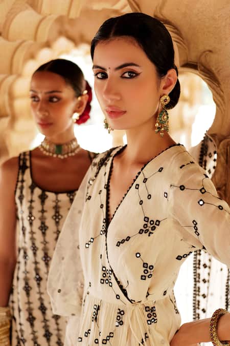 Shop Preevin White Cotton, Net, Tulle Mirrors, Embroidery Floral Jaal Angarakha Sharara Set Online at Aza Fashions Shop_Preevin_White Cotton, Net, Tulle Mirrors, Embroidery Floral Jaal Angarakha Sharara Set _Online_at_Aza_Fashions