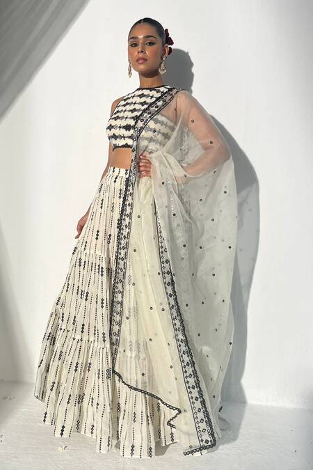 Buy Preevin White Cotton, Tulle Mirrors, Embroidery, Lace Tiered Mirrorwork Lehenga Set Online at Aza Fashions Buy_Preevin_White Cotton, Tulle Mirrors, Embroidery, Lace Tiered Mirrorwork Lehenga Set _Online_at_Aza_Fashions
