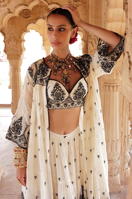 Preevin White Cotton Mirrors, Embroidery Sweetheart Floral Blossom Lehenga Jacket Set Online at Aza Fashions Preevin_White Cotton Mirrors, Embroidery Sweetheart Floral Blossom Lehenga Jacket Set _Online_at_Aza_Fashions