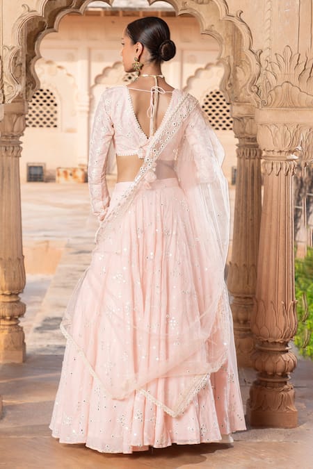 Shop_Preevin_Pink Cotton, Net, Tulle Mirrors, Embroidery V-neck Blossom Jaal Lehenga Set _at_Aza_Fashions