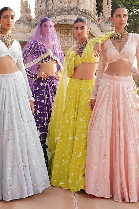 Preevin_Pink Cotton, Net, Tulle Mirrors, Embroidery V-neck Blossom Jaal Lehenga Set _Online_at_Aza_Fashions