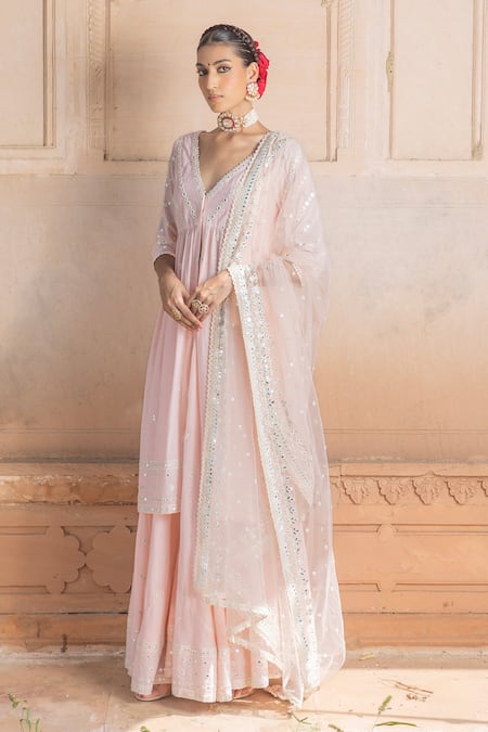 PREEVIN Pink Kurta And Lehenga Cotton Mulmul Embroidered Floral Jaal Set  